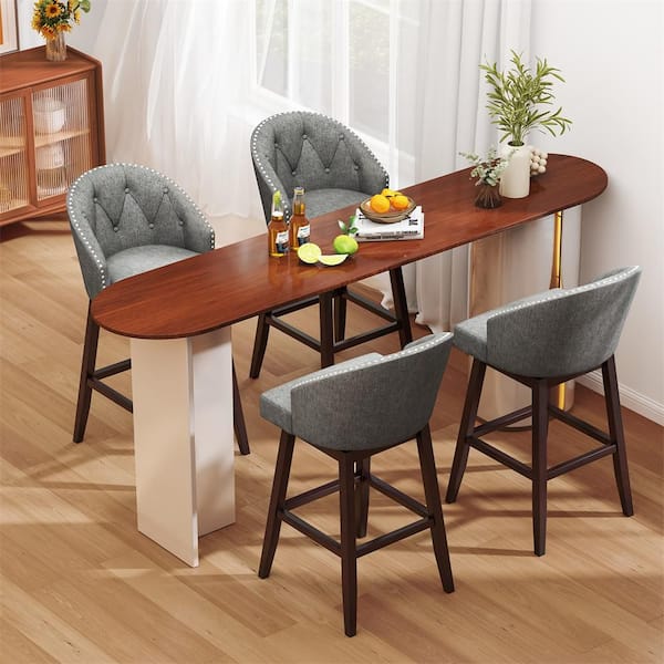 31 in. Grey Brown Low Back Swivel Bar Stools Tufted Bar Height Pub Chairs with Rubber Wood Legs (Set of 4)