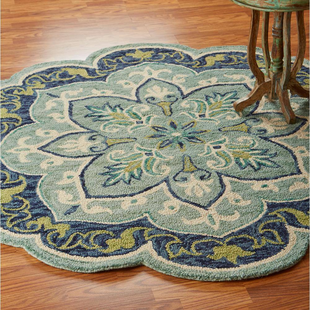 Handmade Round Blue Floral Tufted Wool Area Rug, 48" Diameter