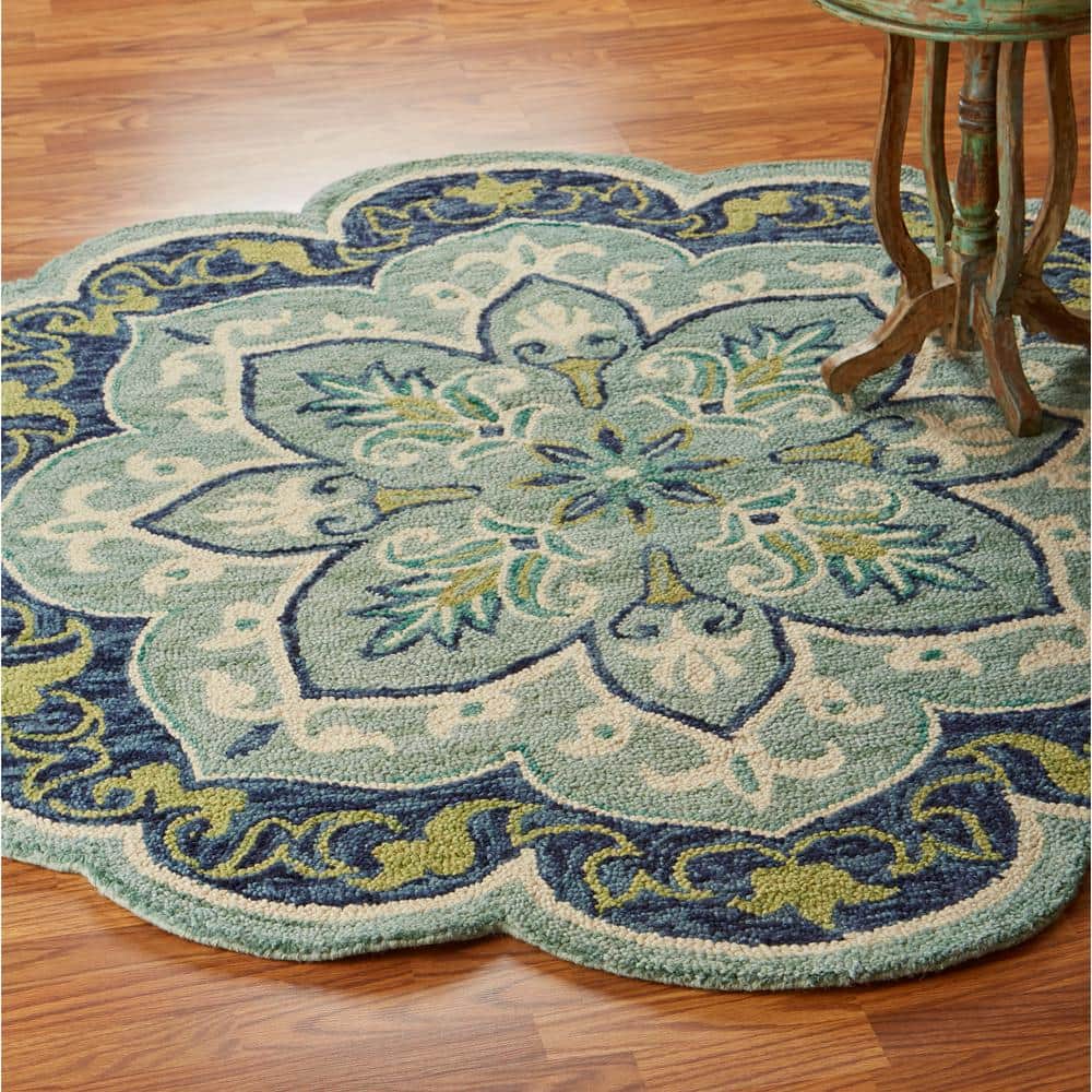 Handmade Round Blue Floral Tufted Wool Area Rug, 48" Diameter