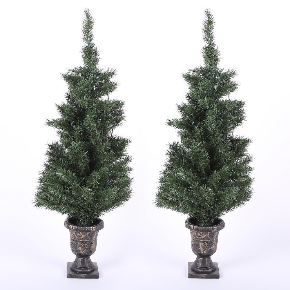 LuxenHome 4 ft. PreLit Porch Christmas Trees with LED Lights (Set of 2
