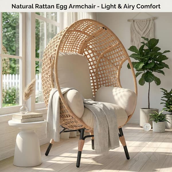 1-Person Natural Rattan Brown Wicker Egg Swing Chair with Beige Cushion for Bedroom Garden Backyard Balcony