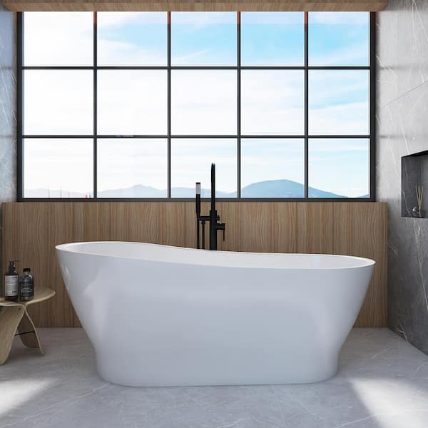 MEDUNJESS Samos 67 in. x 31 in. Flatbottom Freestanding Acrylic Soaking Bathtub in White with Overflow and Drain Center in Chrome