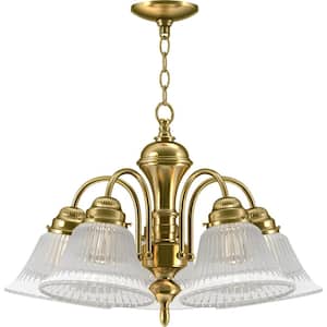 5-Lights Polished Brass Chandelier with Clear ribbed glass shade