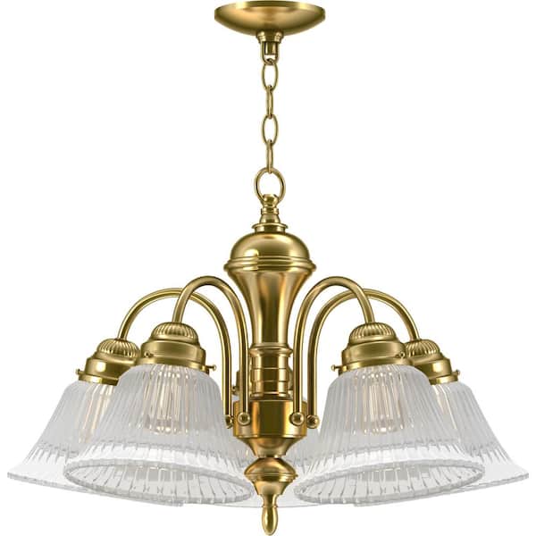 Volume Lighting 5-Lights Polished Brass Chandelier with Clear ribbed Glass Shade