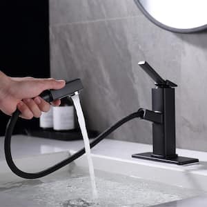 Single Handle Single Hole Bathroom Faucet with Rotating Pull Down Sprayer in Matte Black