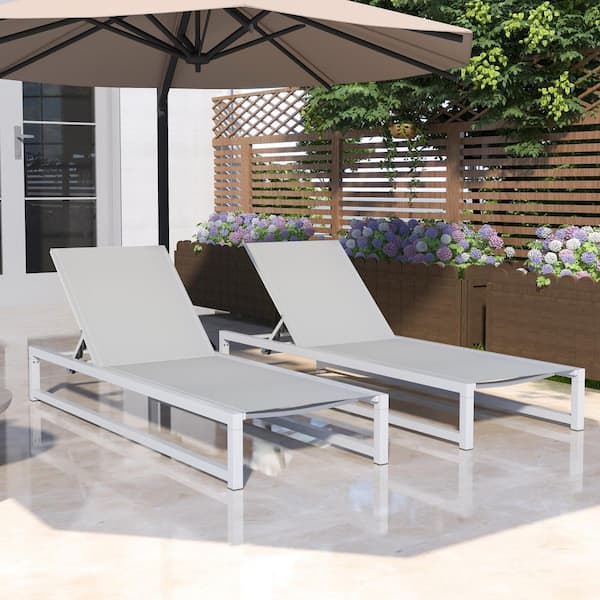 White 5-Level Adjustable 2-Piece Outdoor Chaise Lounge, Durable Aluminum Frame & Textilene Mesh, for Patio/Poolside