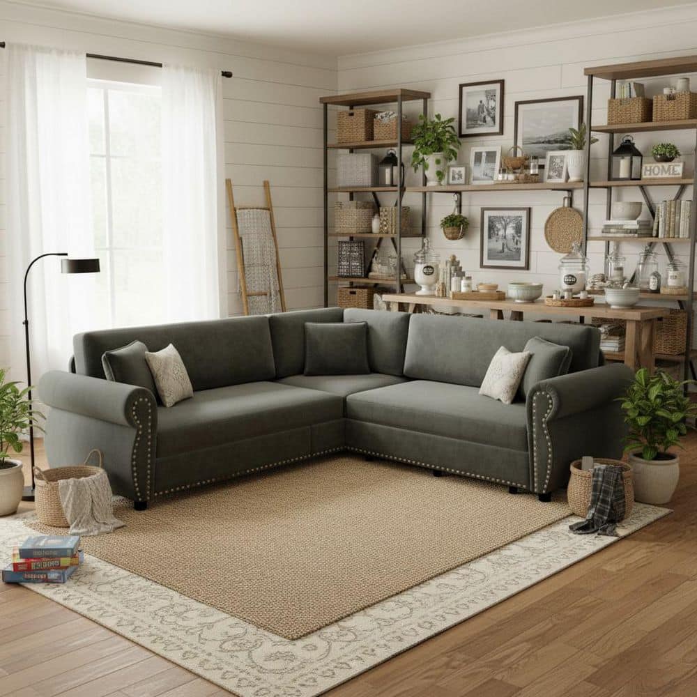 POFA 88.2 in. Rolled Arm Chenille L-Shaped Convertible Sectional Sofa with Pull-Out Bed and Nailhead Trim in Iron Gray price history on PriceWatchPro