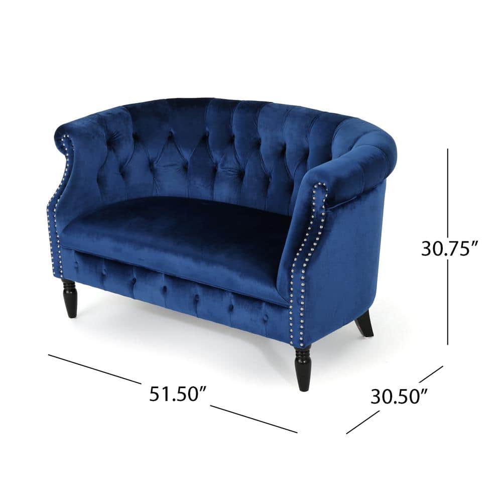 Elegant Navy Blue Velvet Chesterfield Loveseat with Nailhead Accents