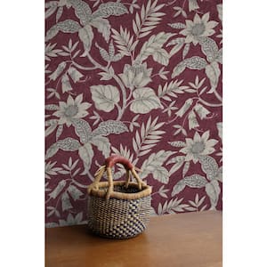 Rainforest Leaves Cranberry and Stone Botanical Paper Strippable Roll (Covers 60.75 sq. ft.)