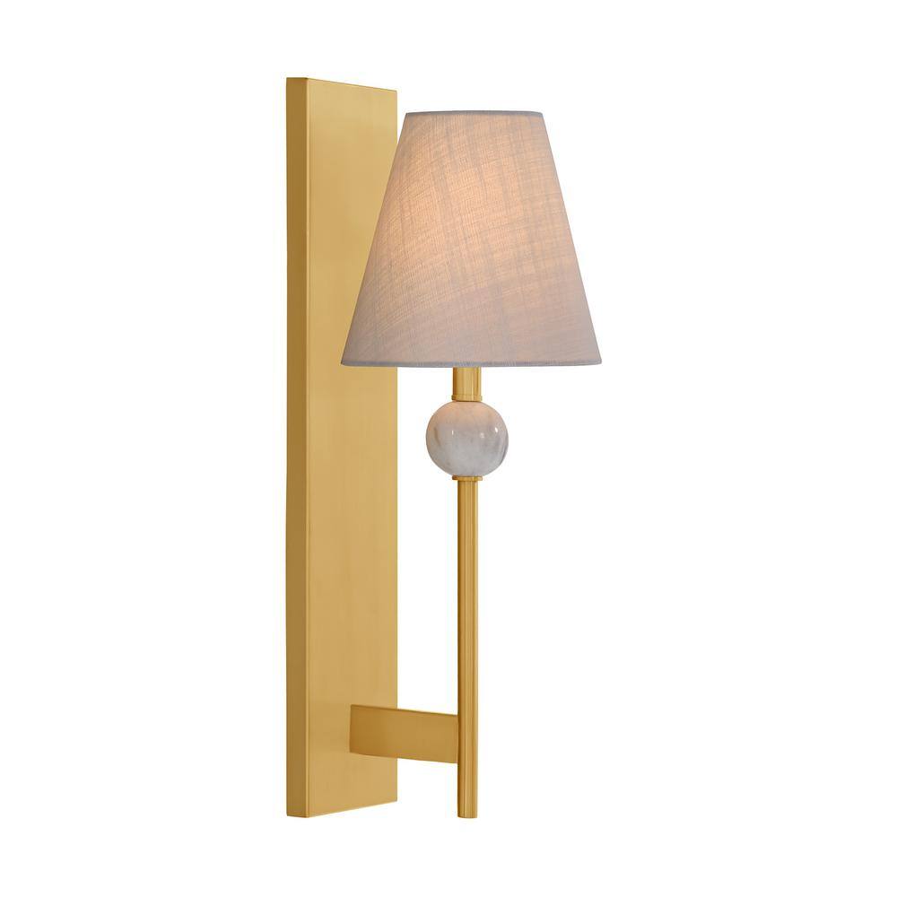 Warm Brass Wall Sconce with White Fabric Shade and Marble Accent