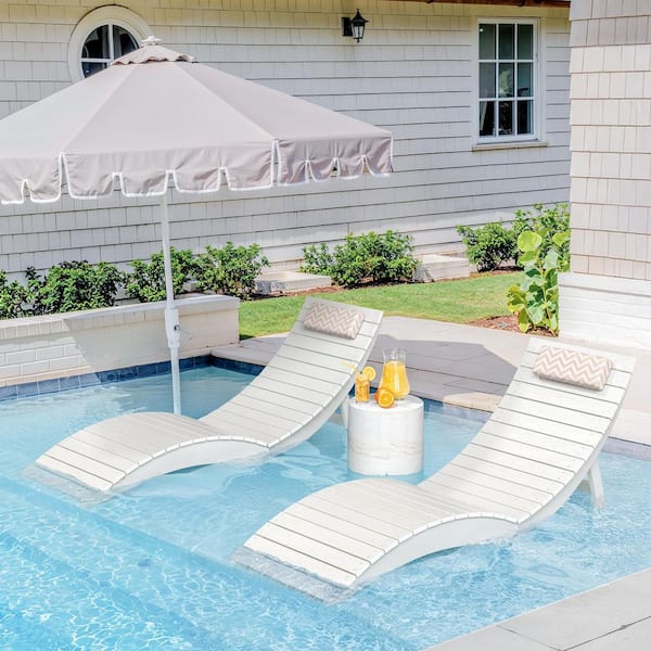White Collapsible 1-Piece HDPS Plastic Outdoor Chaise Lounge with Headrest Cushion for Pool Loungers Up to 11 in. Deep
