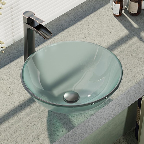 Rene Glass Vessel Sink in Frosted with R9-7007 Faucet and Pop-Up Drain in Antique Bronze