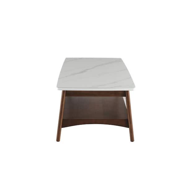 Valerie 24.02 in. White/Walnut Rectangle Stone Coffee Table with Shelves