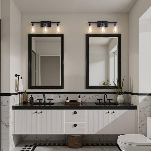 24 in. Industrial 3-Light Matte Black Farmhouse Vanity Light with Glass Shades for Bathroom