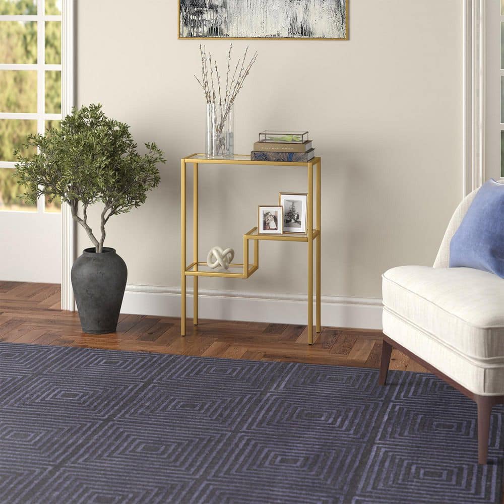 Lovett Brass Console Table with Tempered Glass Top and Shelf
