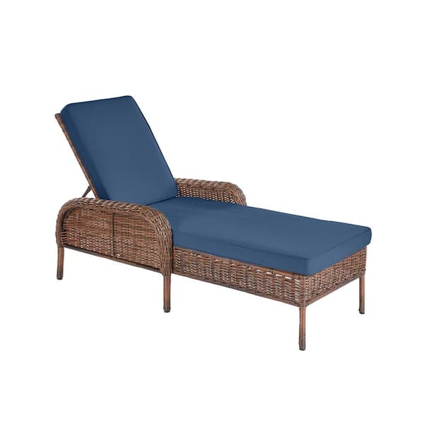 Hampton Bay Cambridge Brown Wicker Outdoor Patio Chaise Lounge with CushionGuard Sky Blue Cushions