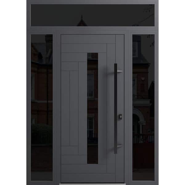 VDOMDOORS 0130 64 in. x 96 in. Left-hand/Inswing 3 Sidelights Tinted Glass Grey Steel Prehung Front Door with Hardware