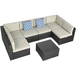 Black 7-Piece Wicker Outdoor Sectional Sofa Set with Beige Cushions and Coffee Table