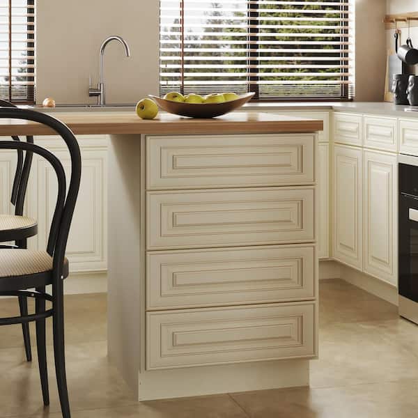 Hausvita 21 in. W x 24 in. D x 34.5 in. H in Cameo White Plywood Ready to Assemble Kitchen Base Cabinet with 4 Drawers