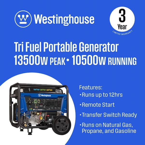 13,500/10,500-Watt Tri-Fuel Gas, Propane, Natural Gas Powered Portable Generator with Remote Electric Start, 50A Outlet