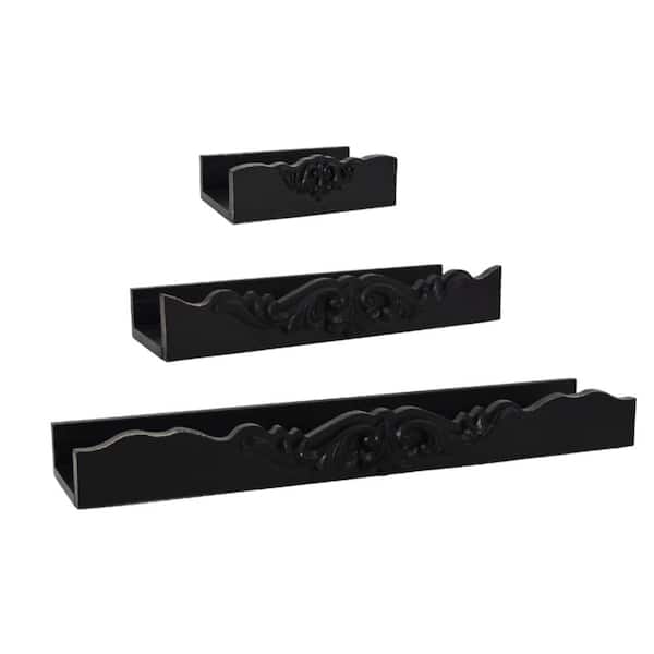 American Art Decor Vintage Ornate 3-Pc Floating Shelf 17.75in W x 3.75in D Black MDF Metal Decorative Wall Shelf Motifs