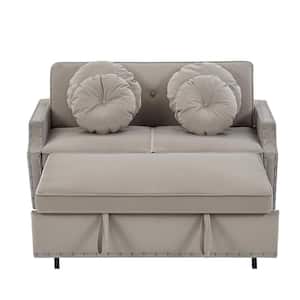 54.7 in. Coffee Velvet Fabric Pull Out Sofa Bed with 4 Floral Lumbar Pillows and 2 USB Ports