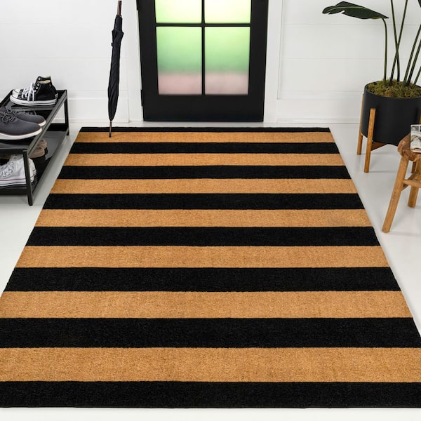 Sutton Modern Coastal Striped Coir Natural/Black 3 ft. x 5 ft. Indoor/Outdoor Area Rug