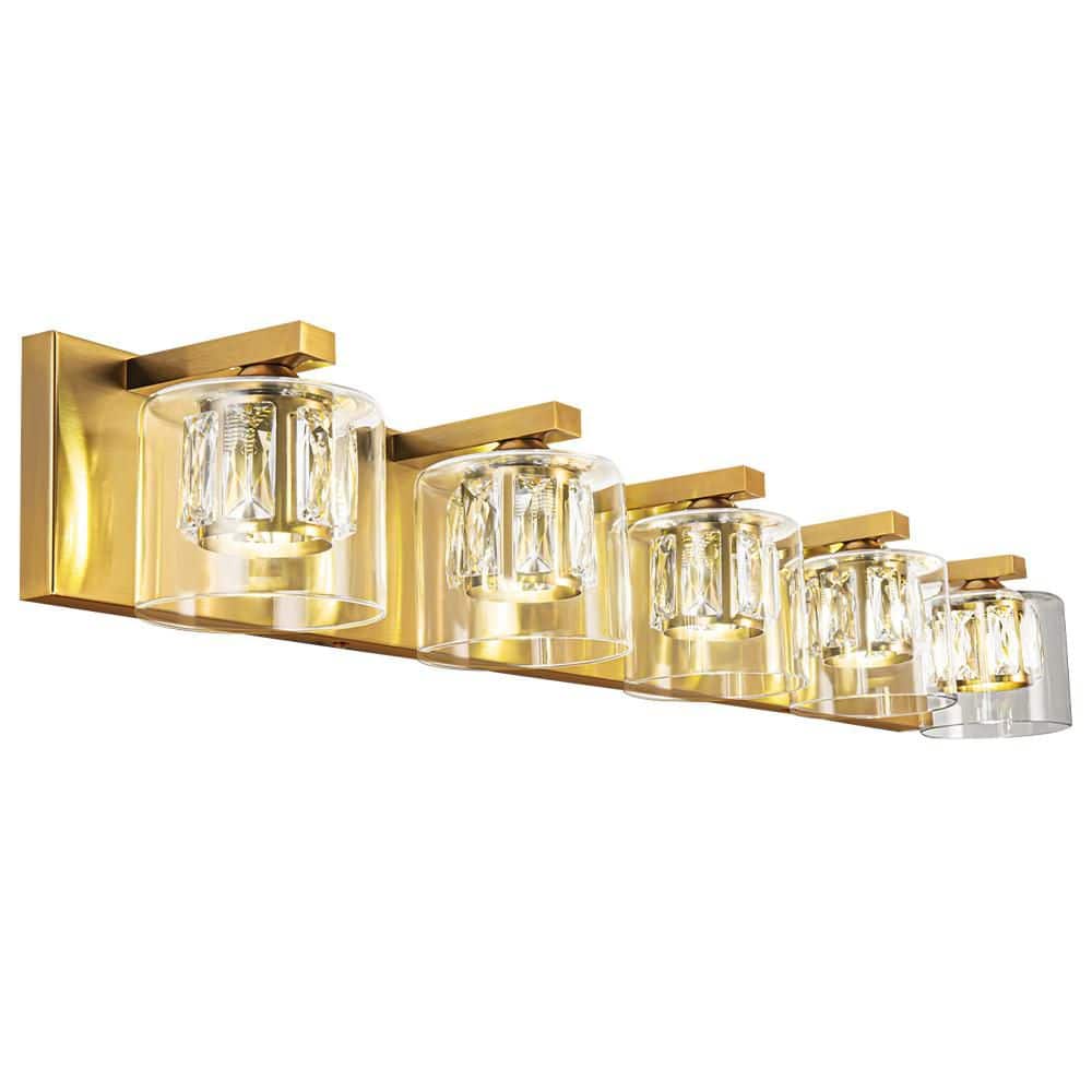 Delvon 36 in. 5-Light Gold Vanity Light with Double Layer Clear Glass and C