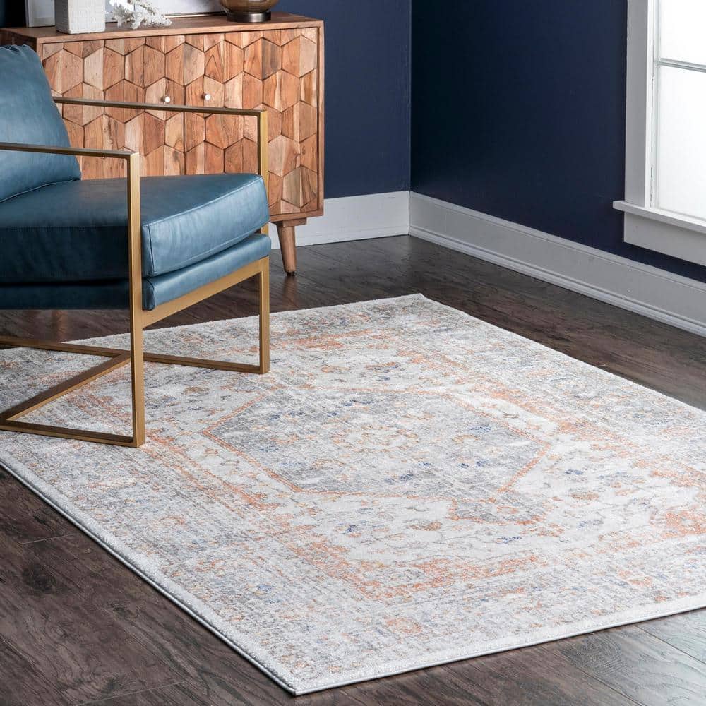 Gray and Beige Vintage Floral Synthetic Area Rug 3' x 5'