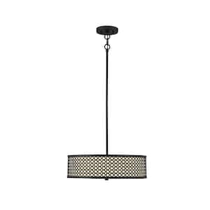 18 in. W x 5 in. H 3-Light Matte Black Shaded Pendant Light with Fabric Drum Shade