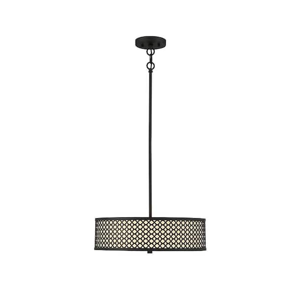 TUXEDO PARK LIGHTING 18 in. W x 5 in. H 3-Light Matte Black Shaded Pendant Light with Fabric Drum Shade