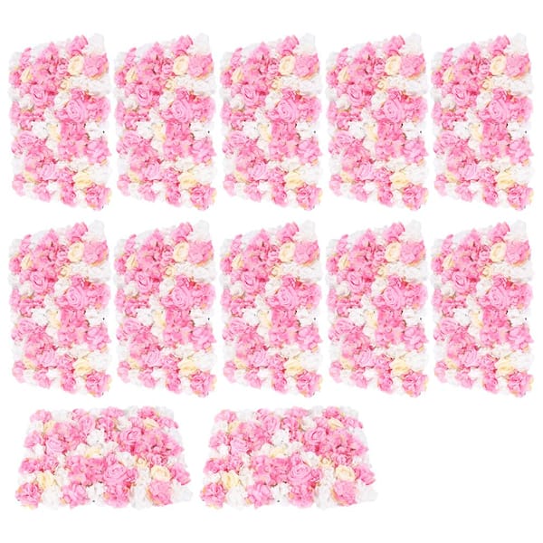 YIYIBYUS Pink and Yellow 23.6 in. x 15.7 in. Artificial Floral Wall Panel Silk Rose Backdrop Decor (12-Pieces)