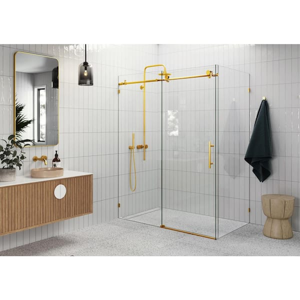 Glass Warehouse 60 in. W x 78 in. H Rectangular Sliding Frameless Corner Shower Enclosure in Brass with Clear Glass