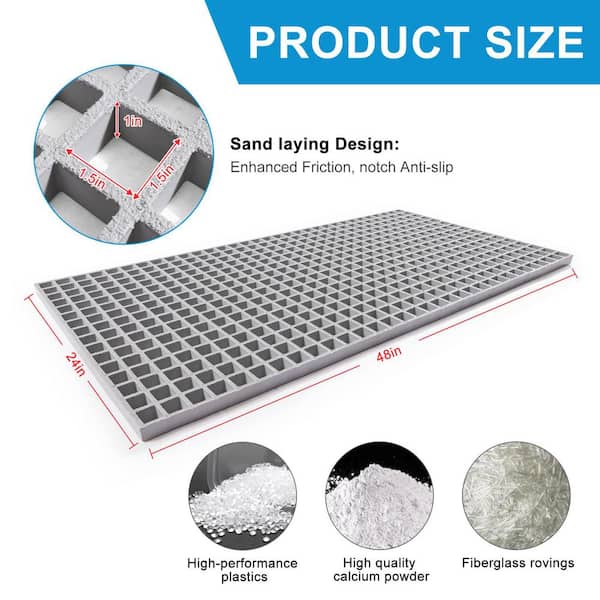Wellco 2 ft. x4 ft. x1 in.Fiberglass Molded Grating Composite for Floors Outdoor Drain Cover,Paver,1.5 x1.5 x1in, Gray, Gritted