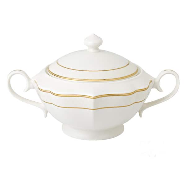 Lorren Home Trends Grace Series 12 in. x 8.5 in. x 7 in. 4 Qt. 128 fl. oz. Gold Bone China Soup Tureen Serving Bowl with Lid (Set of 2)