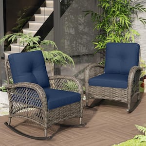 Brown Wicker Outdoor Rocking Chair Patio with Blue Cushions (2-Pack)