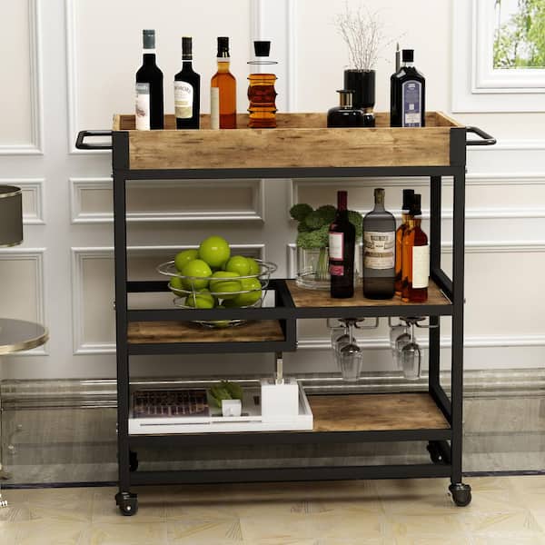 Polibi 31.5 in. W Black Frame Serving Cart with Lockable Wheels, 3-Tier Wine Cart with Removable Brown Tray and Glass Holders