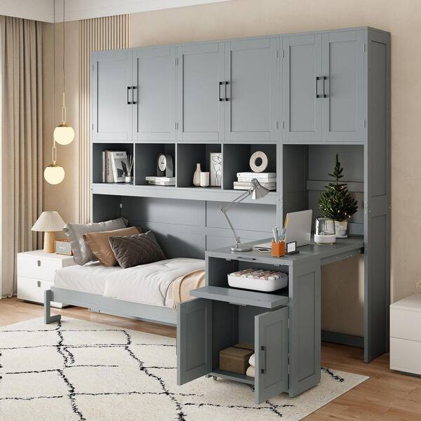 Qualler Gray Wood Frame Twin Size Murphy Bed with Closet, Drawers and ...