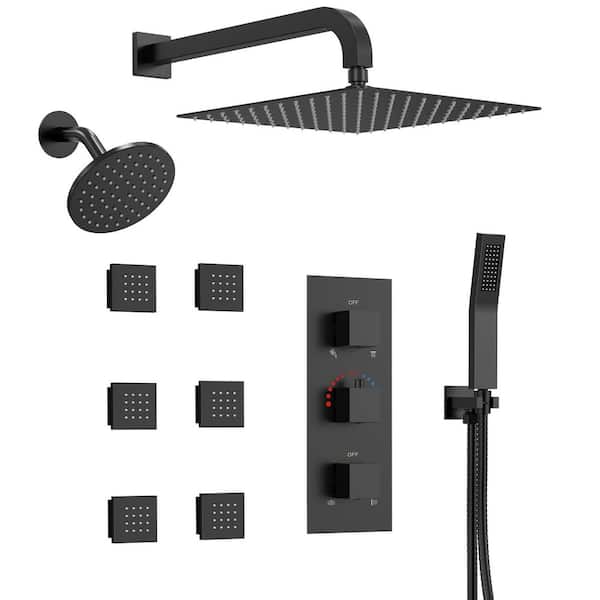 8-Spray Wall Mount 12 in. Dual Shower Head and Handheld Shower Head 2.5 GPM in Matte Black Valve Included