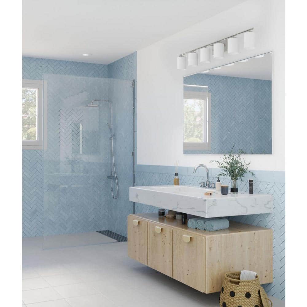 Replay Collection 48" Brushed Nickel 6-Light Bath Vanity with Etched Glass Shades