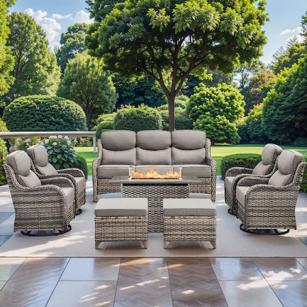 NovaSwivel 8-Piece Gray Wicker Patio Conversation Set Outdoor Fire Pit with 6 in. Gray Cushions and Swivel Gliders