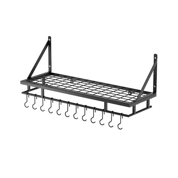 Matte Black Wall Mounted Hanging Organizer Pot Rack with Hooks Space Saving Sturdy Metal Shelf 30 Inch