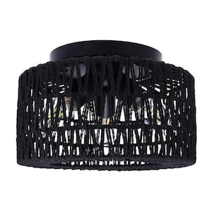 Rattan Series 11.8 in. 3-Light Black Flush Mount Ceiling Light with Hand-Woven Cage Shade for Hallway Bedroom