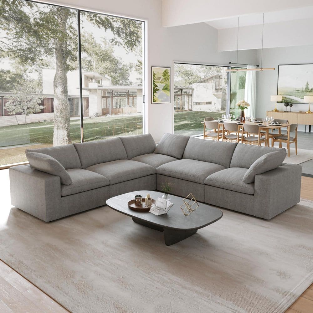 120 in. Square Arm Linen Deep Seat L Shaped 5-Piece Sectional Sofa in Gray with Removable Covers for Living Room