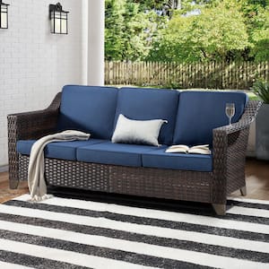 Wicker Outdoor Patio Sectional Sofa with Thick Deep Blue Cushions