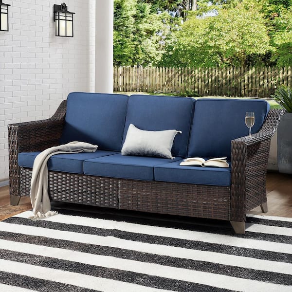JOYSIDE Wicker Outdoor Patio Sectional Sofa with Thick Deep Blue Cushions