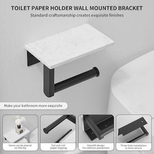 Wall Mount Toilet Paper Holder with Natural Marble Shelf Tissue Storage Holder In Matte Black