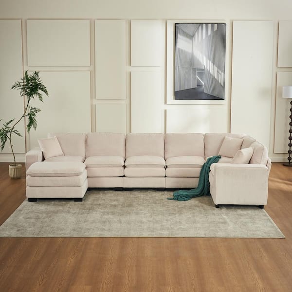 143.7 in. Wide Square Arm Corduroy Fabric U-Shaped Modern Upholstered Sofa in White