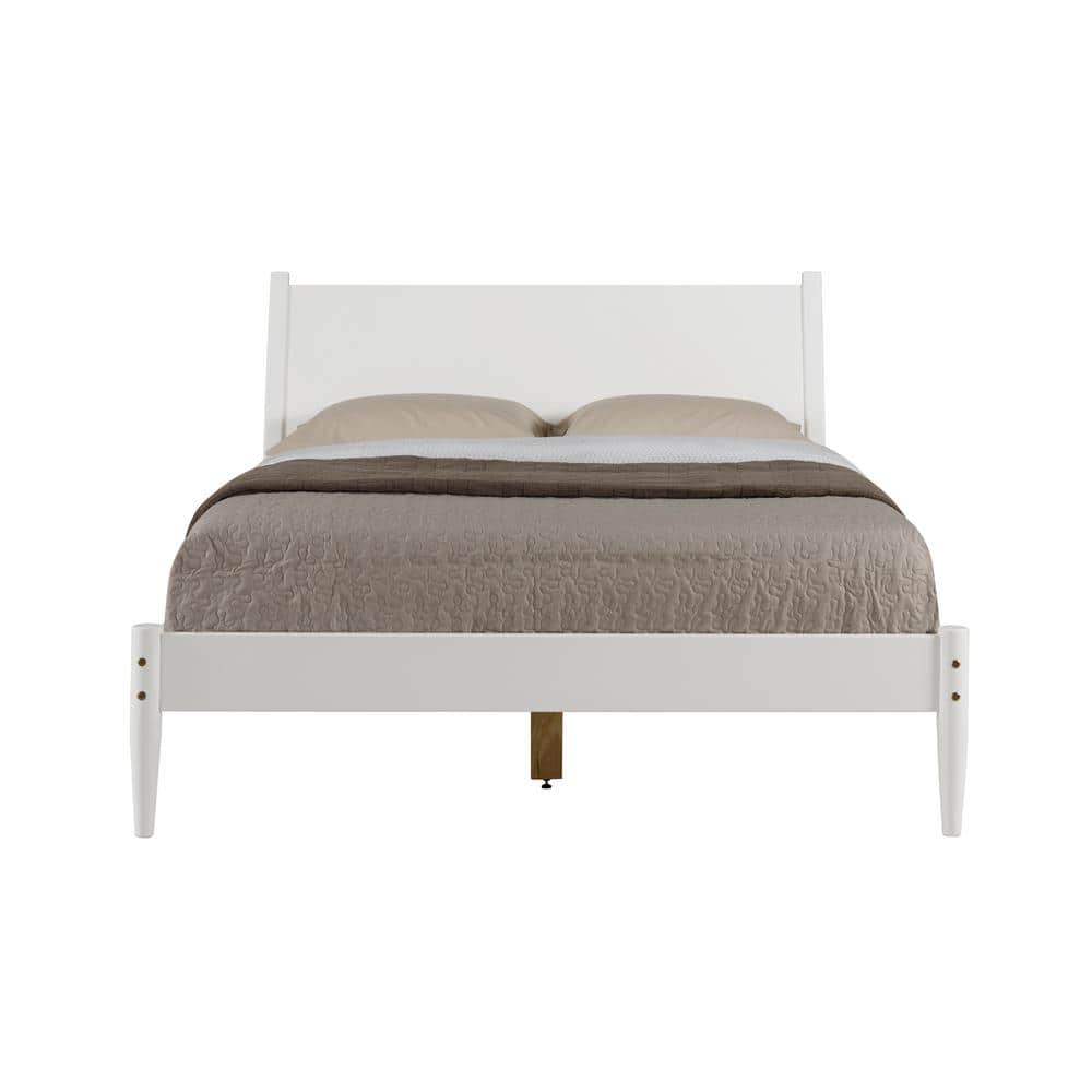Elegant Pine Wood Queen Bed with Sleek Mid-Century Design in White