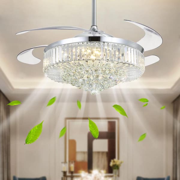 Pacific Core 52 in. Smart Indoor Silver Retractable Blades Chandelier Ceiling Fan with Dimmable LED Lights with Remote Included
